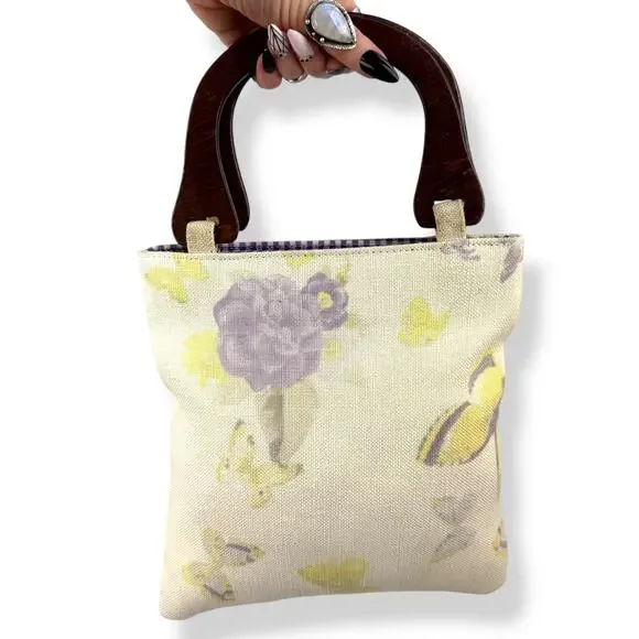 90's woven linen butterfly floral wood handle bag by FASHION EXPRESS ORIGINAL - Picture 1 of 16